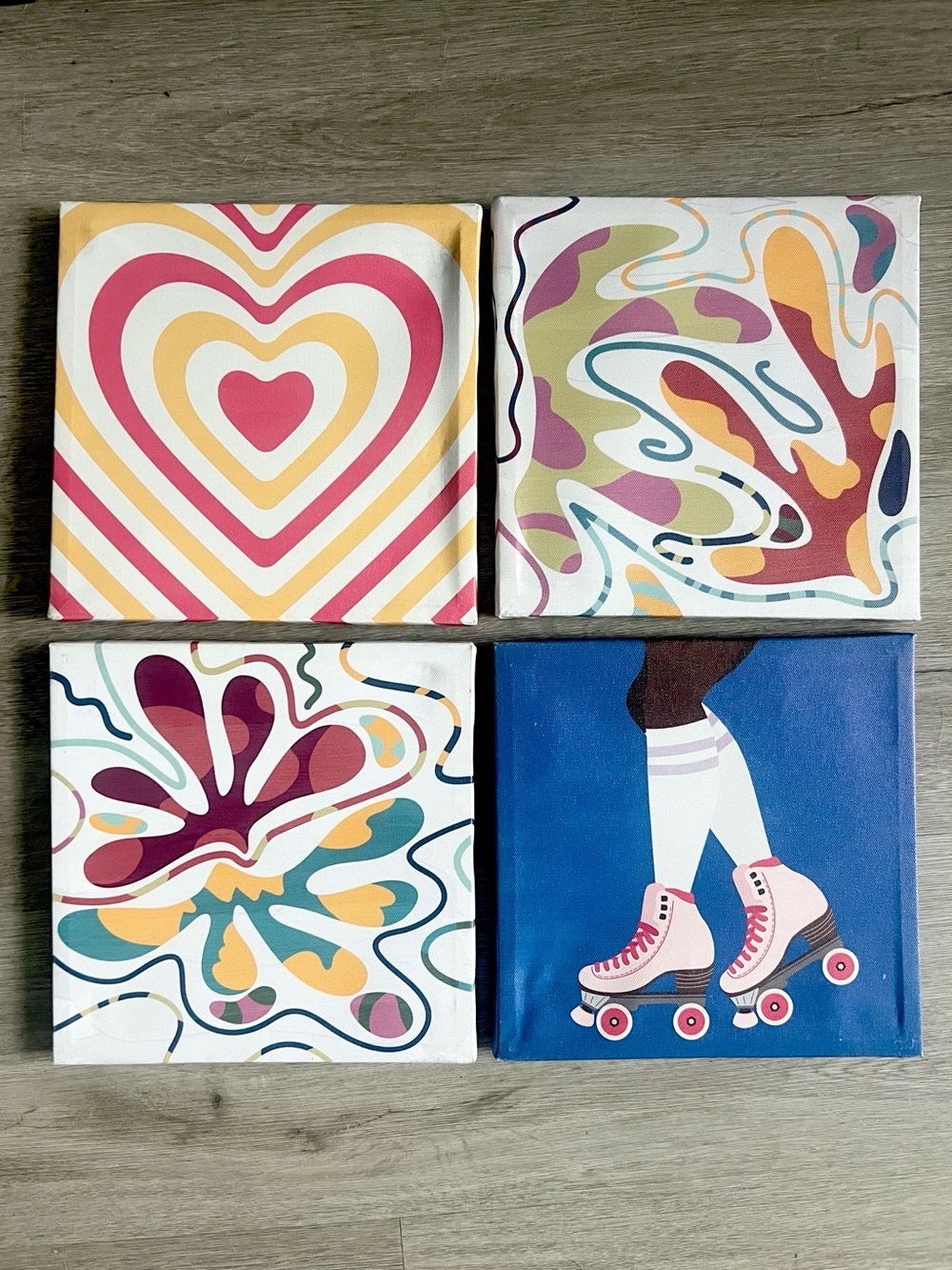 Colorful Retro Roller Skates & Abstract Home Art Canvas- Set of 4